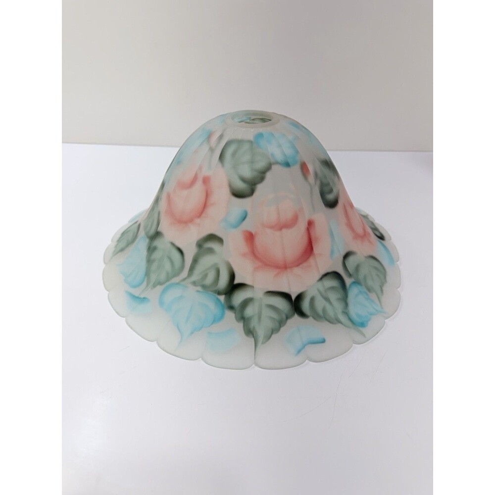 Vtg Glass Torchiere Lamp SHADE Reverse Painted Roses Cottage Rib Scallop S Swain